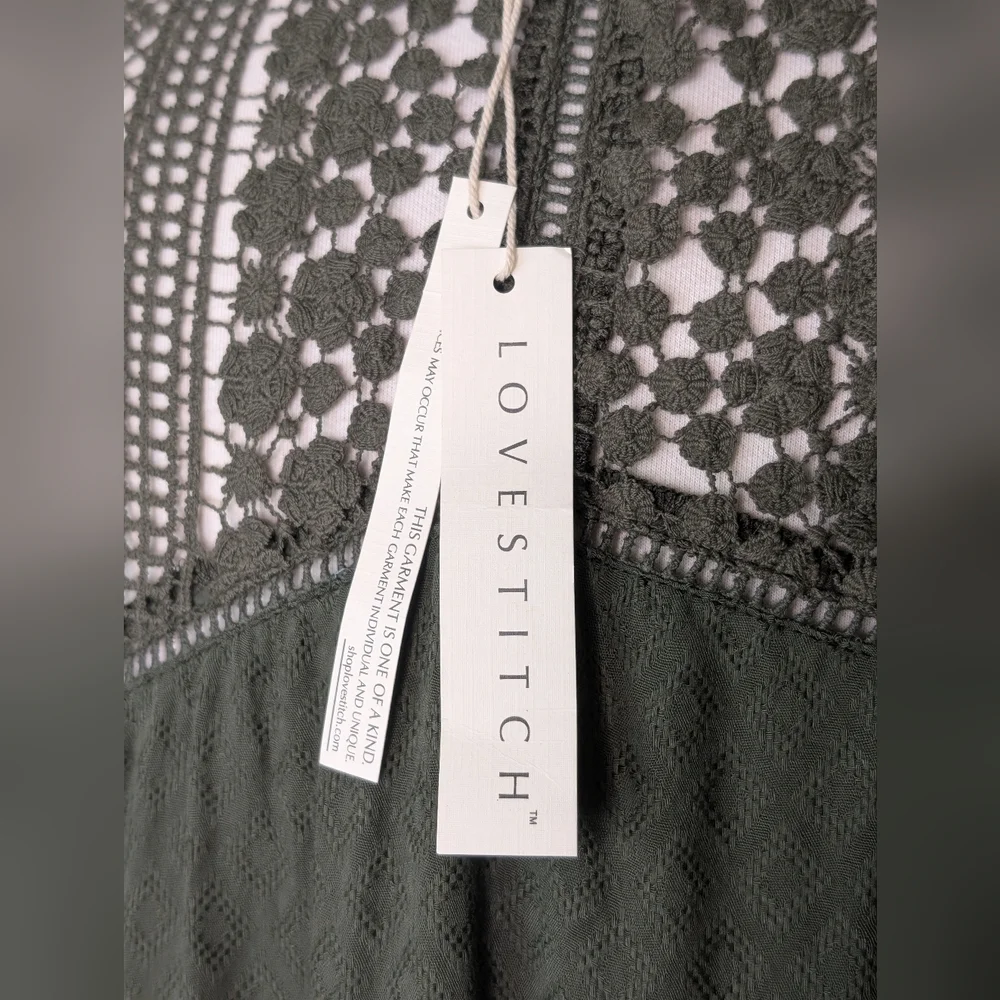 NWT LOVESTITCH Olive Green Sahara Mixed Lace Top Sz Small Rayon Flowy Boho Chic - Picture 9 of 17